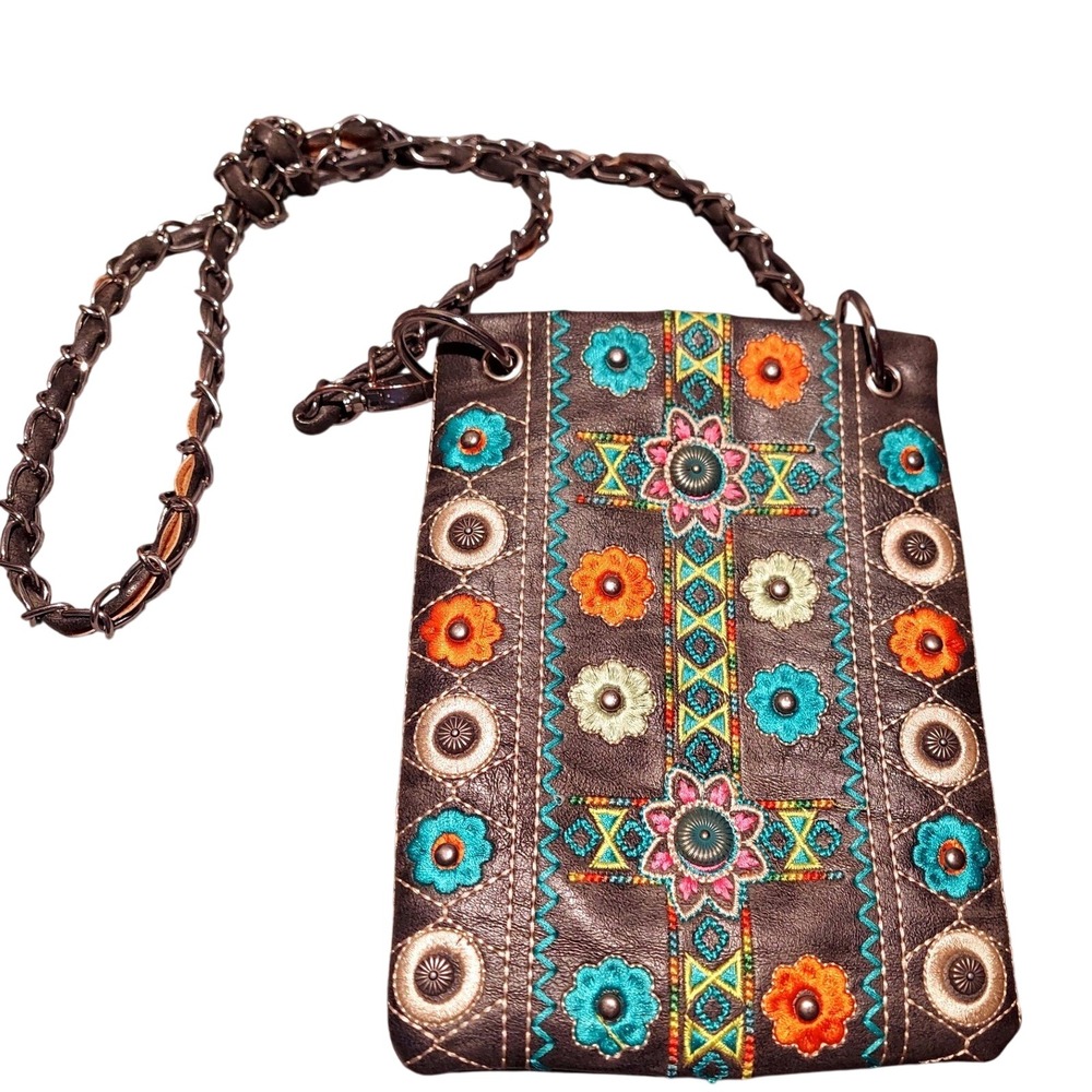 P&G Embroidered Floral Crossbody Phone Bag Brown Faux Leather Chain Strap Boho